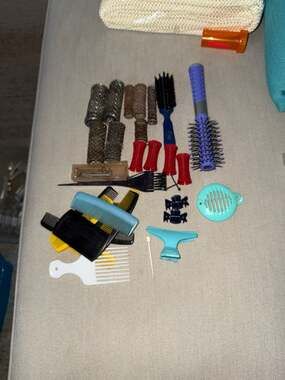 Vintage Hair Styling Accessory Lot - Metal Mesh Rollers, Hard Rubber Combs, Brus